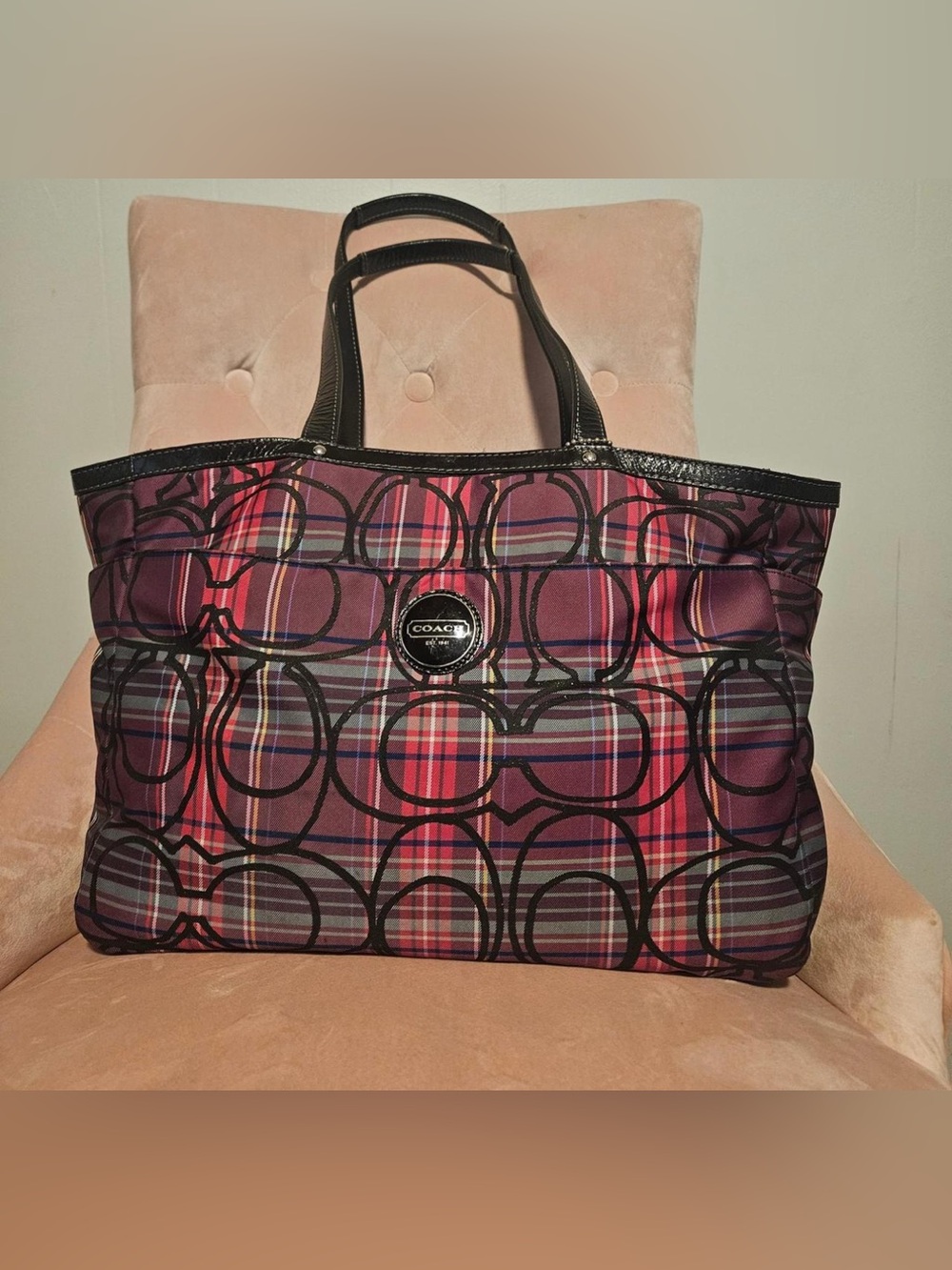 Coach Plaid Signature Tote in Burgundy and Black